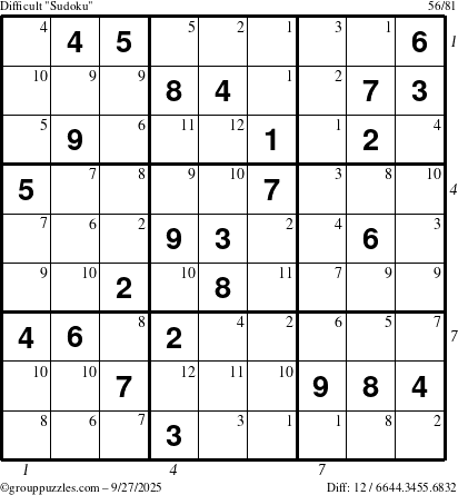 The grouppuzzles.com Difficult Sudoku puzzle for Saturday September 27, 2025 with all 12 steps marked