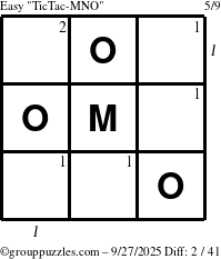 The grouppuzzles.com Easy TicTac-MNO puzzle for Saturday September 27, 2025, suitable for printing, with all 2 steps marked