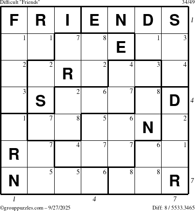 The grouppuzzles.com Difficult Friends puzzle for Saturday September 27, 2025 with all 8 steps marked