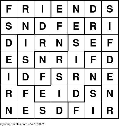 The grouppuzzles.com Answer grid for the Friends puzzle for Saturday September 27, 2025
