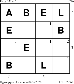 The grouppuzzles.com Easy Abel puzzle for Saturday August 29, 2026, suitable for printing, with all 2 steps marked