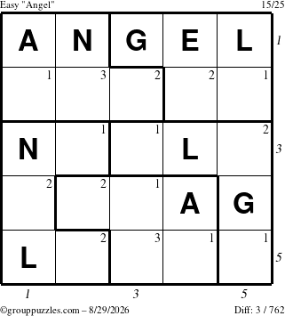 The grouppuzzles.com Easy Angel puzzle for Saturday August 29, 2026, suitable for printing, with all 3 steps marked
