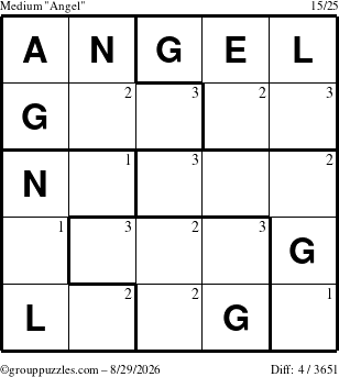 The grouppuzzles.com Medium Angel puzzle for Saturday August 29, 2026 with the first 3 steps marked