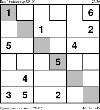 The grouppuzzles.com Easy Sudoku-6up-UR-D puzzle for Saturday August 29, 2026