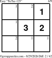 The grouppuzzles.com Easy TicTac-123 puzzle for Saturday August 29, 2026 with the first 2 steps marked