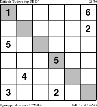 The grouppuzzles.com Difficult Sudoku-6up-UR-D puzzle for Saturday August 29, 2026