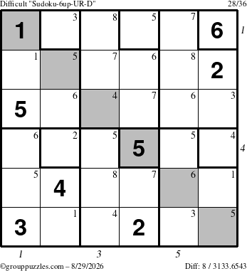 The grouppuzzles.com Difficult Sudoku-6up-UR-D puzzle for Saturday August 29, 2026, suitable for printing, with all 8 steps marked