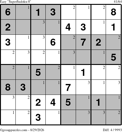 The grouppuzzles.com Easy SuperSudoku-8 puzzle for Saturday August 29, 2026 with the first 3 steps marked