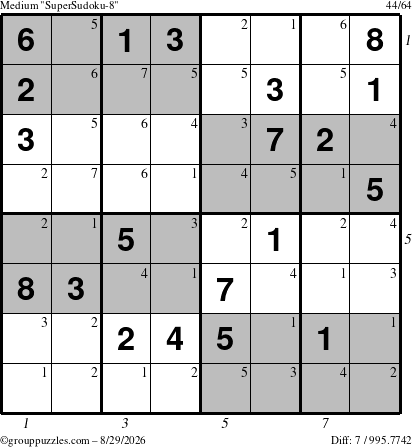 The grouppuzzles.com Medium SuperSudoku-8 puzzle for Saturday August 29, 2026 with all 7 steps marked