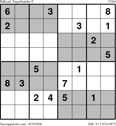 The grouppuzzles.com Difficult SuperSudoku-8 puzzle for Saturday August 29, 2026