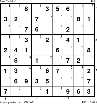 The grouppuzzles.com Easy Sudoku puzzle for Saturday August 29, 2026, suitable for printing, with all 4 steps marked