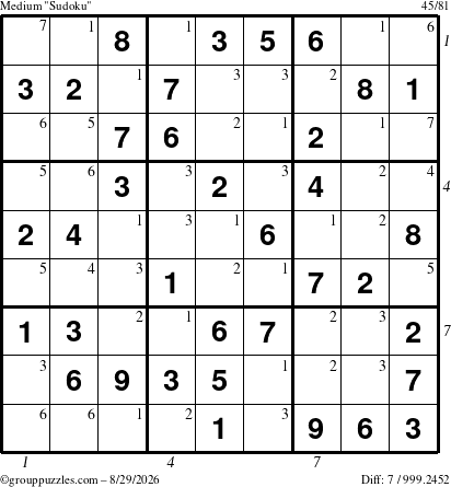 The grouppuzzles.com Medium Sudoku puzzle for Saturday August 29, 2026, suitable for printing, with all 7 steps marked
