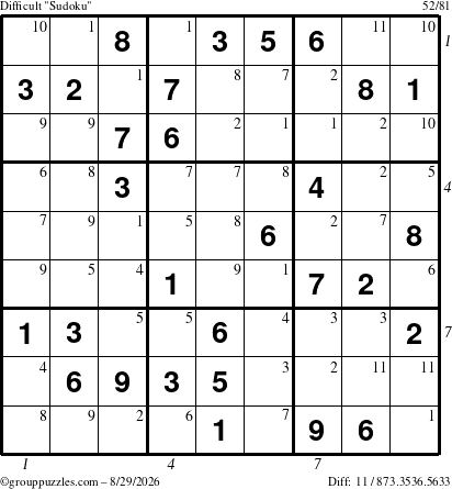 The grouppuzzles.com Difficult Sudoku puzzle for Saturday August 29, 2026 with all 11 steps marked