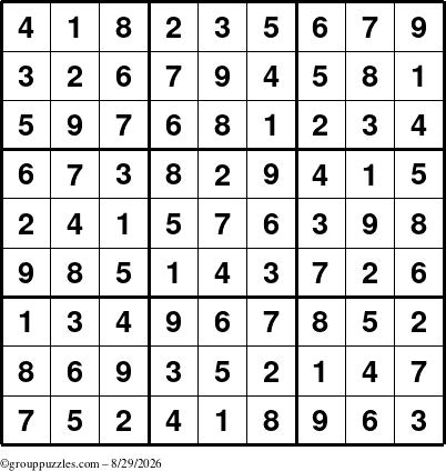The grouppuzzles.com Answer grid for the Sudoku puzzle for Saturday August 29, 2026