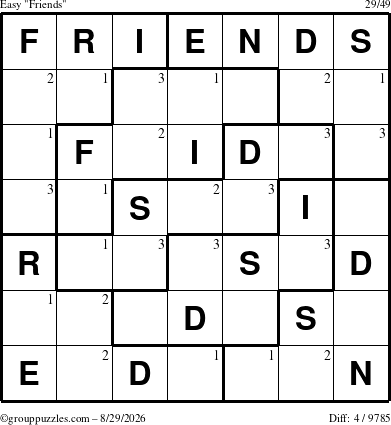 The grouppuzzles.com Easy Friends puzzle for Saturday August 29, 2026 with the first 3 steps marked