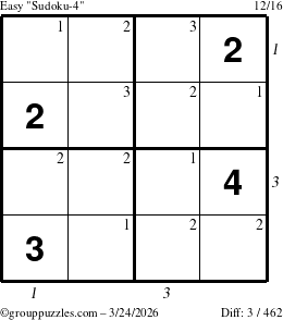 The grouppuzzles.com Easy Sudoku-4 puzzle for Tuesday March 24, 2026, suitable for printing, with all 3 steps marked