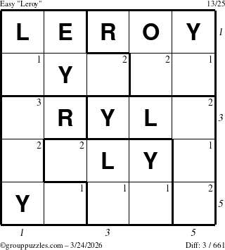 The grouppuzzles.com Easy Leroy puzzle for Tuesday March 24, 2026 with all 3 steps marked