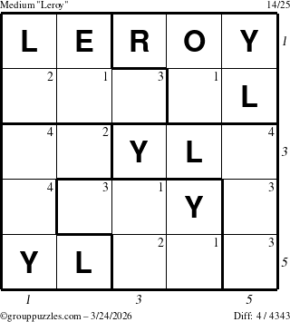 The grouppuzzles.com Medium Leroy puzzle for Tuesday March 24, 2026 with all 4 steps marked