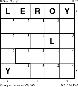 The grouppuzzles.com Difficult Leroy puzzle for Tuesday March 24, 2026, suitable for printing, with all 5 steps marked