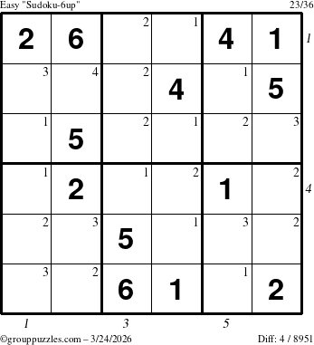 The grouppuzzles.com Easy Sudoku-6up puzzle for Tuesday March 24, 2026 with all 4 steps marked