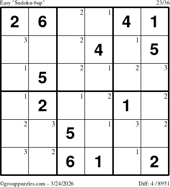 The grouppuzzles.com Easy Sudoku-6up puzzle for Tuesday March 24, 2026 with the first 3 steps marked