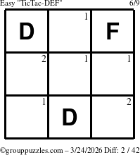 The grouppuzzles.com Easy TicTac-DEF puzzle for Tuesday March 24, 2026 with the first 2 steps marked
