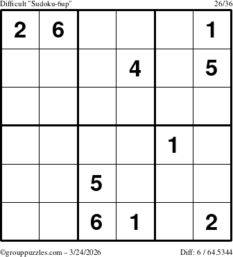The grouppuzzles.com Difficult Sudoku-6up puzzle for Tuesday March 24, 2026