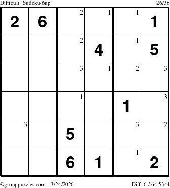 The grouppuzzles.com Difficult Sudoku-6up puzzle for Tuesday March 24, 2026 with the first 3 steps marked
