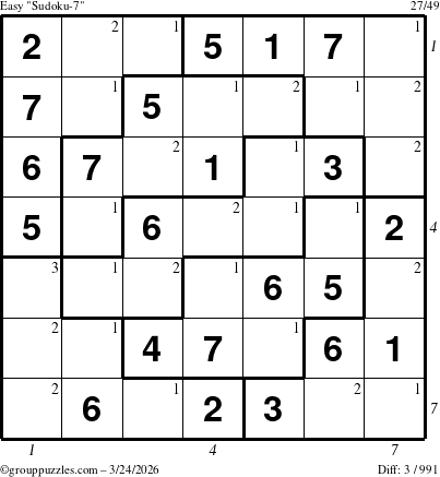 The grouppuzzles.com Easy Sudoku-7 puzzle for Tuesday March 24, 2026 with all 3 steps marked