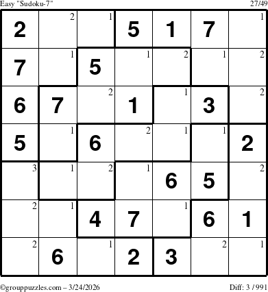 The grouppuzzles.com Easy Sudoku-7 puzzle for Tuesday March 24, 2026 with the first 3 steps marked