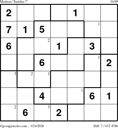 The grouppuzzles.com Medium Sudoku-7 puzzle for Tuesday March 24, 2026 with the first 3 steps marked