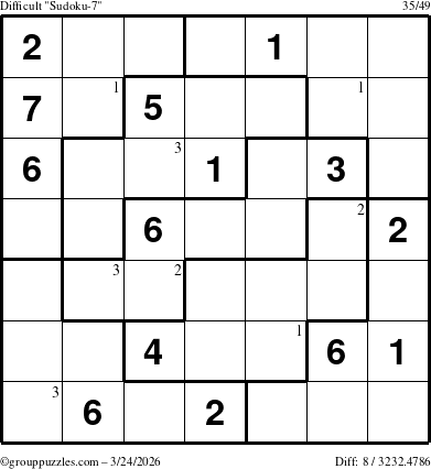The grouppuzzles.com Difficult Sudoku-7 puzzle for Tuesday March 24, 2026 with the first 3 steps marked