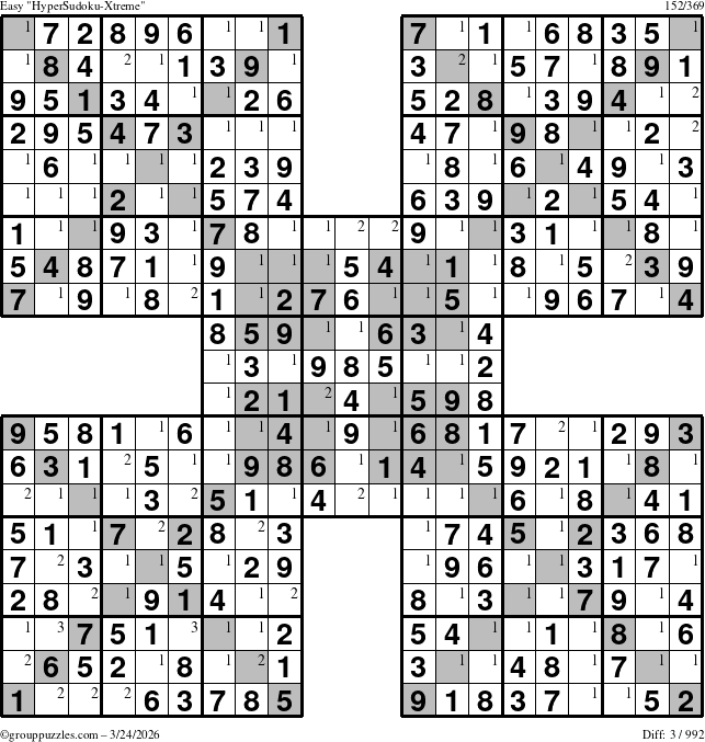 The grouppuzzles.com Easy HyperSudoku-Xtreme puzzle for Tuesday March 24, 2026 with the first 3 steps marked