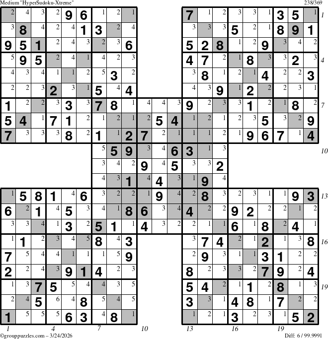 The grouppuzzles.com Medium HyperSudoku-Xtreme puzzle for Tuesday March 24, 2026 with all 6 steps marked