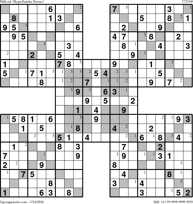 The grouppuzzles.com Difficult HyperSudoku-Xtreme puzzle for Tuesday March 24, 2026 with the first 3 steps marked