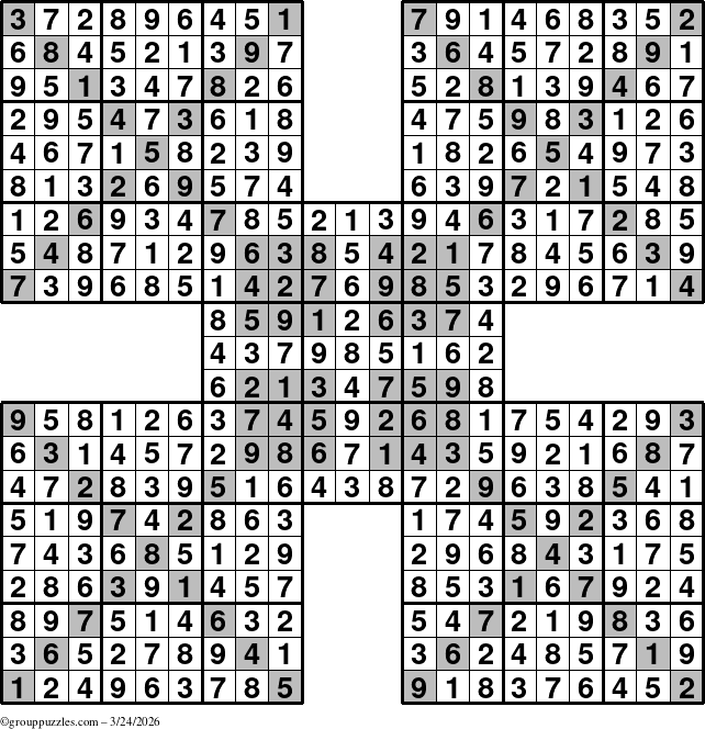The grouppuzzles.com Answer grid for the HyperSudoku-Xtreme puzzle for Tuesday March 24, 2026