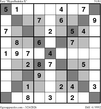 The grouppuzzles.com Easy HyperSudoku-X puzzle for Tuesday March 24, 2026