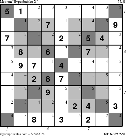 The grouppuzzles.com Medium HyperSudoku-X puzzle for Tuesday March 24, 2026, suitable for printing, with all 6 steps marked