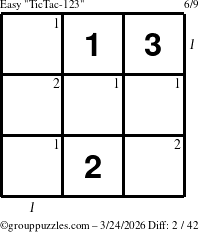 The grouppuzzles.com Easy TicTac-123 puzzle for Tuesday March 24, 2026, suitable for printing, with all 2 steps marked