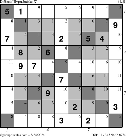 The grouppuzzles.com Difficult HyperSudoku-X puzzle for Tuesday March 24, 2026 with all 11 steps marked