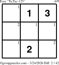 The grouppuzzles.com Easy TicTac-123 puzzle for Tuesday March 24, 2026 with the first 2 steps marked