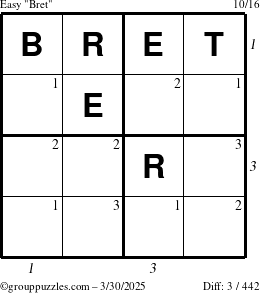 The grouppuzzles.com Easy Bret puzzle for Sunday March 30, 2025 with all 3 steps marked