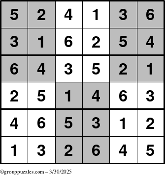 The grouppuzzles.com Answer grid for the SuperSudoku-Junior puzzle for Sunday March 30, 2025