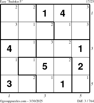 The grouppuzzles.com Easy Sudoku-5 puzzle for Sunday March 30, 2025, suitable for printing, with all 3 steps marked