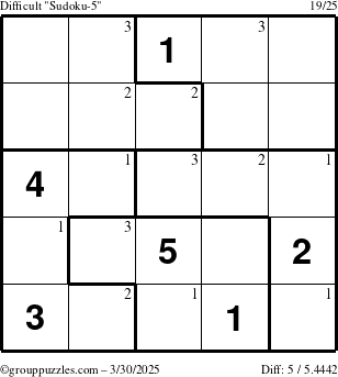 The grouppuzzles.com Difficult Sudoku-5 puzzle for Sunday March 30, 2025 with the first 3 steps marked