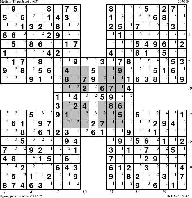 The grouppuzzles.com Medium HyperSudoku-by5 puzzle for Sunday March 30, 2025, suitable for printing, with all 6 steps marked