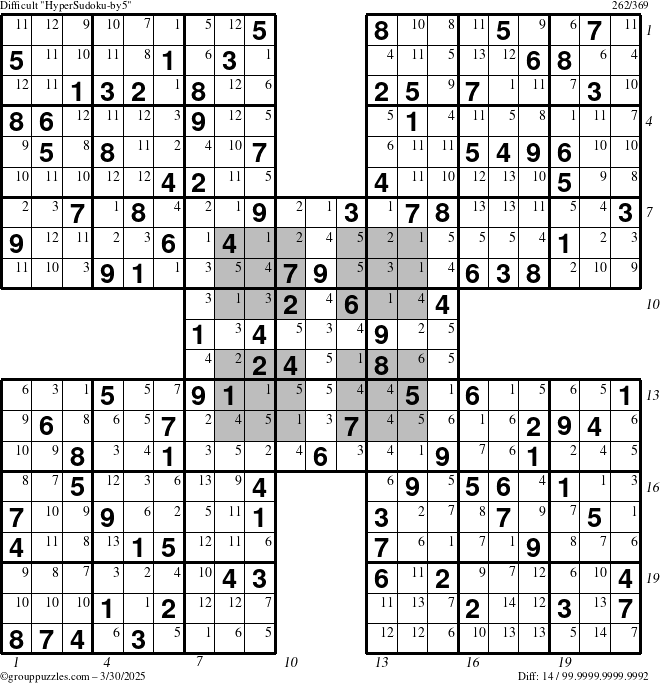 The grouppuzzles.com Difficult HyperSudoku-by5 puzzle for Sunday March 30, 2025, suitable for printing, with all 14 steps marked