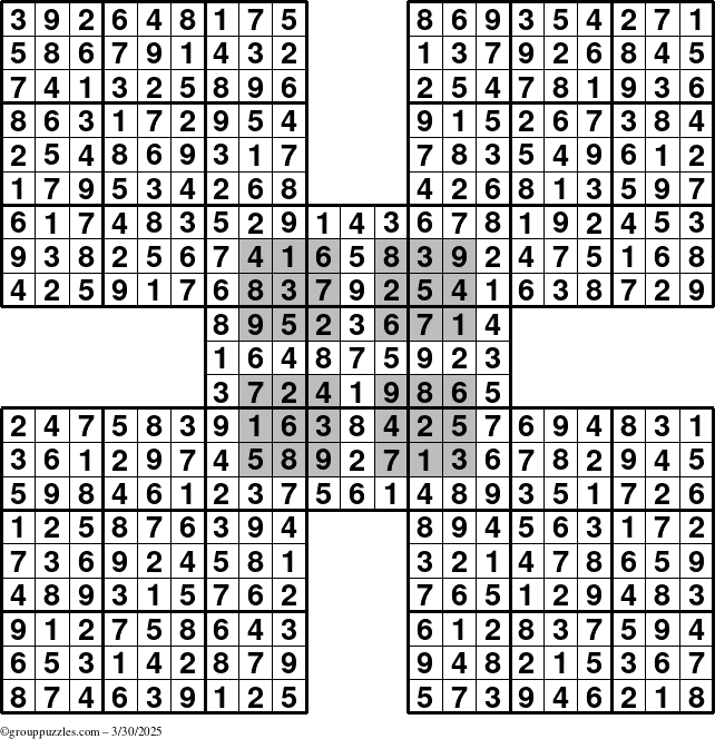 The grouppuzzles.com Answer grid for the HyperSudoku-by5 puzzle for Sunday March 30, 2025