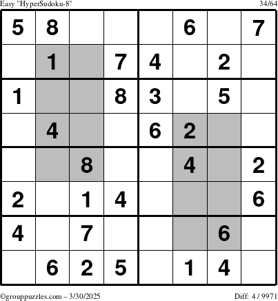The grouppuzzles.com Easy HyperSudoku-8 puzzle for Sunday March 30, 2025