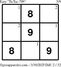 The grouppuzzles.com Easy TicTac-789 puzzle for Sunday March 30, 2025 with the first 2 steps marked